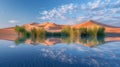 Surreal desert oasis magic hour high res hdr photo of mirage with sand dune patterns and lush flora Royalty Free Stock Photo