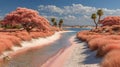 Surreal desert oasis with pink sand and palm trees Royalty Free Stock Photo