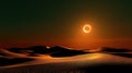 Surreal desert scene with solar eclipse over dunes. Royalty Free Stock Photo