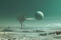 Surreal Desert Sphere with lonely tree, water and Saturn on sky. Futuristic abstract background. Minimalist Landscape.