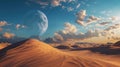 Surreal desert vista: massive sand dunes, looming under a magnificently large moon in the sky, blending reality and