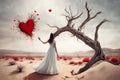 Surreal desolate desert landscape with a dead tree growing a red Valentine Day heart. A young girl in a white dress reaches for Royalty Free Stock Photo