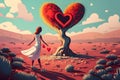 Surreal desolate desert landscape with a dead tree growing a red Valentine Day heart. A young girl in a white dress reaches for Royalty Free Stock Photo