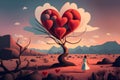 Surreal desolate desert landscape with a dead tree growing a red Valentine Day heart. A young girl in a white dress reaches for Royalty Free Stock Photo