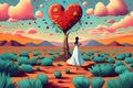 Surreal desolate desert landscape with a dead tree growing a red Valentine Day heart. A young girl in a white dress reaches for Royalty Free Stock Photo