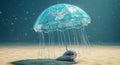 Surreal Digital Art of a Blue Umbrella Raining on a Seashell Royalty Free Stock Photo