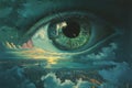 Giant eye watching over futuristic cityscape at sunset, surreal digital art