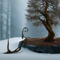 A surreal digital art piece featuring a melting clock, a faceless figure, and a twisted tree against a dreamlike background5, Ge