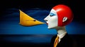 A surreal digital artwork depicting a figure with a long yellow beak-like extension speaking to a stoic.
