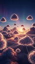 Surreal digital artwork depicting a sunset sky filled with clouds connected by glowing, Royalty Free Stock Photo