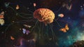 Floating brain connected to glowing lines colorful butterflies dark star-filled cosmic illustration
