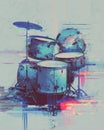 a surreal digital artwork of a drum set in glitch-style neon pink and blue tones Royalty Free Stock Photo
