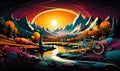 Surreal digital artwork of a stylized bicycle integrated into a vibrant, flowing landscape with mountains, trees, and a