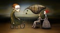 Surreal digital artwork of stylized humanoid figures with exaggerated features in a whimsical setting with floating eyes. Royalty Free Stock Photo