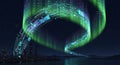 Digital Aurora Borealis Over Futuristic City Skyline with Binary Code Flow Royalty Free Stock Photo