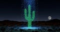 Digital Cactus in Desert at Night Formed by Binary Code, Moonlit Sky Royalty Free Stock Photo