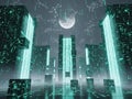 Surreal Digital Cityscape with Glowing Teal Buildings, Moon, and Binary Code Rain image photo Royalty Free Stock Photo