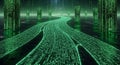 Digital Highway of Neon Green Binary Code Data Streams in Futuristic Cityscape Royalty Free Stock Photo