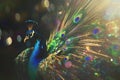 A surreal digital illustration of a peacock with holographic feathers.