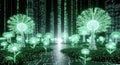 Digital Nature Futuristic Cityscape with Binary Code Trees and Glowing Digital Flowers Royalty Free Stock Photo