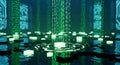 Digital Matrix Rain Over Futuristic Circuit Board Landscape with Glowing Elements Royalty Free Stock Photo