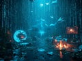 Surreal Digital Landscape with Falling Binary Code, Glowing Orbs, and Mysterious Floating Creatures Royalty Free Stock Photo