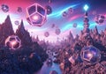 Surreal digital landscape featuring floating dodecahedrons with galactic Royalty Free Stock Photo