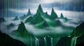 Digital Mountain Landscape with Matrix Code Rain and Lightning Storm Royalty Free Stock Photo
