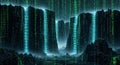 Digital Landscape with Binary Code Waterfall and Mountains Royalty Free Stock Photo