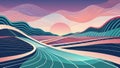 Surreal Digital Landscape with Vibrant Sunset and Wavy Patterns Vector