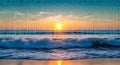 Digital Ocean Sunset Binary Code Stream Over Ocean Waves and Sunrise Royalty Free Stock Photo