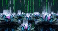 Futuristic Digital Lotus Flowers Blooming with Binary Code Rain and Data Streams Royalty Free Stock Photo