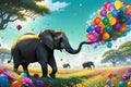 surreal digital painting of a gravity-defying elephant buoyed by a colorful array of balloons, hovering in whimsy