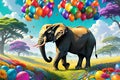 surreal digital painting of a gravity-defying elephant buoyed by a colorful array of balloons, hovering in whimsy