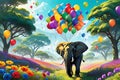 surreal digital painting of a gravity-defying elephant buoyed by a colorful array of balloons, hovering in whimsy