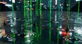 Digital Rain Binary Code Falling into City Puddles at Night Royalty Free Stock Photo