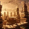 A surreal digital rendering features stacks of large books resembling buildings. Royalty Free Stock Photo