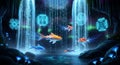 Digital Waterfall With Koi Fish and Circuit Boards in a Mystical Cave Royalty Free Stock Photo
