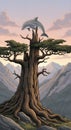 Surreal Dolphin Perched Atop Majestic Ancient Tree with Mountain Backdrop Royalty Free Stock Photo