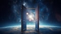 Surreal door to the cosmos, juxtaposing a tranquil earthly scene with the galaxy. Concept of dreams, imagination Royalty Free Stock Photo