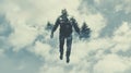 Surreal double exposure of floating silhouette with forest and sky elements