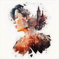 Surreal double exposure image of woman and historical building