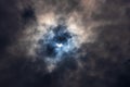 Surreal Dramatic Solar Eclipse Covered By Clouds. Natural Phenomenon