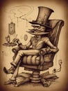 Surreal drawing of a man sitting in a chair with a glass eye and a top hat with a luxurious mustache on a yellow background. AI