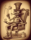 Surreal drawing of a man sitting in a chair with a glass eye and a top hat with a luxurious mustache on a yellow background. AI