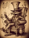 Surreal drawing of a man sitting in a chair with a glass eye and a top hat with a luxurious mustache on a yellow background. AI