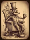 Surreal drawing of a man sitting in a chair with a glass eye and a top hat with a luxurious mustache on a yellow background. AI