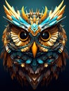 Surreal drawing of an owl. Various shapes and colors. Chromatic and fantastic composition.