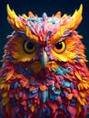 Surreal drawing of an owl. Various shapes and colors. Chromatic and fantastic composition.