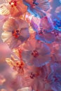 Surreal Dreamlike Floral Scene with Vibrant Pink and Blue Hues, Artistic Close Up of Blooming Flowers, Abstract Nature Background